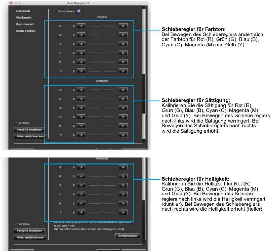 Color Navigator 6 Helligkeit Weißpunkt Gammawert Sechs Farben Schieberegler für Farbton: Bei Bewegen des Schiebreglers ändert sich der Farbton für Rot (R), Grün (G), Blau (B), Cyan (C), Magenta (M) und Gelb (Y). Sättigung Vorschau Testbild anzeigen Alles zurücksetzen Helligkeit Vorschau Testbild anzeigen Alles zurücksetzen Helligkeit für Helligkeit: Kalibrieren Sie die Helligkeit für Rot (R), Grün (G), Blau (B), Cyan (C), Magenta (M) und Gelb (Y). Bei Bewegen des Schiebe reglers nach links wird die Sättigung verringert. Bei Bewegen des Schiebreglers nach rechts wird die Sättigung erhöht. Heterer, das Ergebnis der Sechstarbenkorektur erlösegt nicht dem Profil. Die Sechstarbenkomrektur ändert den Weißpunkt nicht. Zurücksetzen