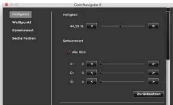 ColorNavigator 6 Helligkeit Weißpunkt Gammawert Sechs Farben Helligkeit 44,59 % Schwarzwert Alle RGB R: 0 < > G: 0 < > B: 0 < > Zurücksetzen