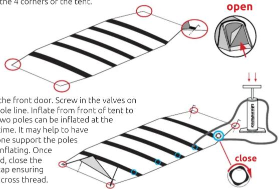the 4 corners of the tent. open the front door. Screw in the valves on hole line. Inflate from front of tent to two poles can be inflated at the time. It may help to have one support the poles inflating. Once d, close the cap ensuring cross thread. close