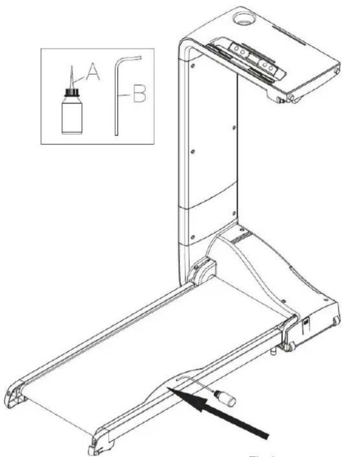 Technical line drawing of a treadmill device with labeled parts A and B, showing assembly and component details.