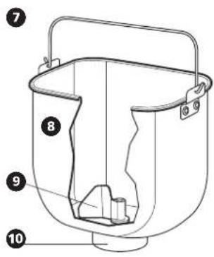 Technical diagram of a bucket with numbered parts labeled 7, 8, 9, and 10