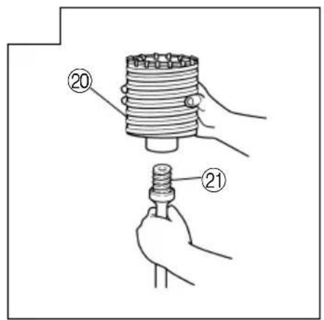 Technical diagram showing two hands holding a cylindrical component with numbered parts labeled 20 and 21.