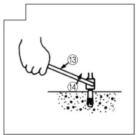 Diagram showing a hand using a tool to measure a submerged object, labeled with parts 13 and 14.