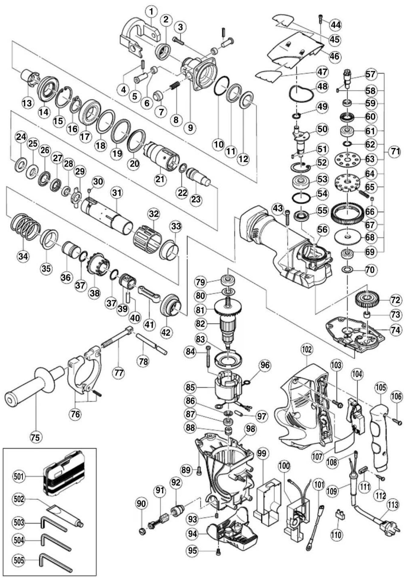 Exploded view diagram of a mechanical assembly with numbered parts for identification