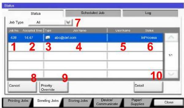 Utax 3555i - Send Job Status screen - 1