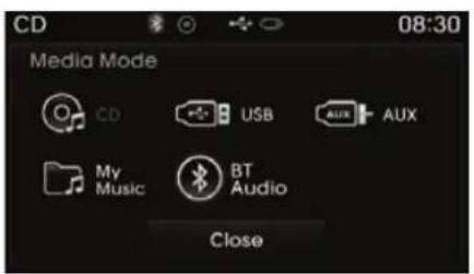 CD 08:30 Media Mode CD USB AUX Aux My Music BT Audio Close