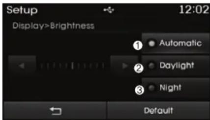Setup 12:02 Display>Brightness Automatic Daylight Night Default