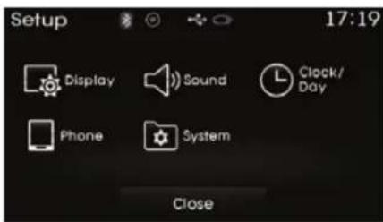 Setup 17:19 Display Sound Clock/ Day Phone System Close