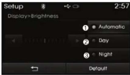 Setup 2:57 Display>Brightness ① Automatic ② Day ③ Night Default