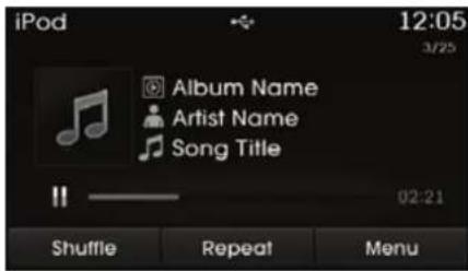 iPod 12:05 3/25 Album Name Artist Name Song Title 02:21 Shuffle Repeat Menu
