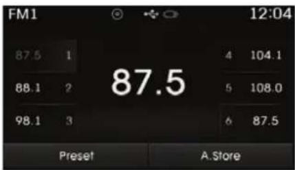 FM1 87.5 1 88.1 2 98.1 3 87.5 4 104.1 5 108.0 6 87.5 Preset A. Store 12:04
