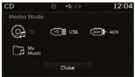 CD 12:04 Media Mode CD USB AUX AUX My Music Close