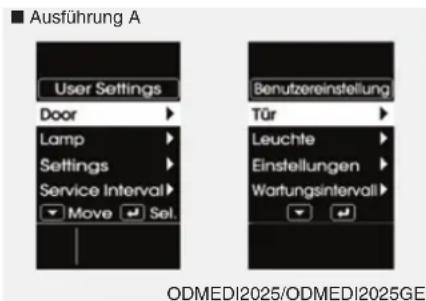 Ausführung A User Settings Door Lamp Settings Service Interval Move Sel. Benutzereinstellung Tür Leuchte Einstellungen Wartungsintervall ODMEDI2025/ODMEDI2025GE