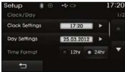 Setup 17:20 Clock/Day Clock Settings 17:20 Day Settings 25.03.2012 Time Format 12hr 24hr
