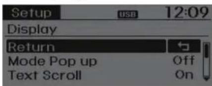 Setup USB 12:09 Display Return Mode Pop up Off Text Scroll On