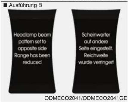 Ausführung B Headlamp beam pattern set to opposite side Range has been reduced Scheinwerfer auf andere Seite eingestellt. Reichweite wurde verringert ODMECO2041/ODMECO2041GE