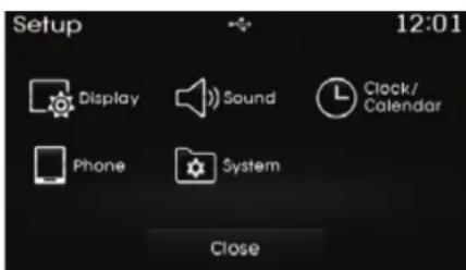 Setup 12:01 Display Sound Clock/ Calendar Phone System Close