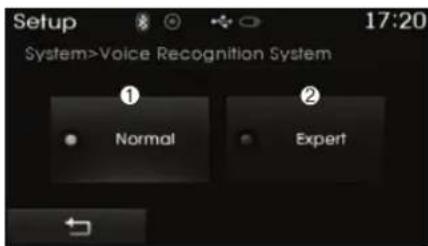 Setup 17:20 System>Voice Recognition System ① Normal ② Expert