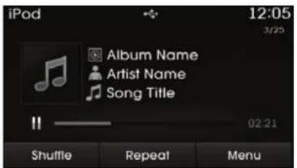 iPod 12:05 3/25 Album Name Artist Name Song Title 02:21 Shuffle Repeat Menu