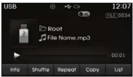 USB 12:07 FILE 0034 Root File Name.mp3 00:01 Info Shuffle Repeat Copy List