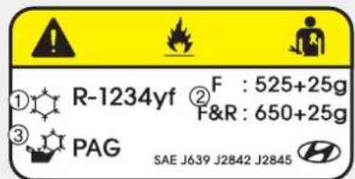 R-1234yf ① F : 525+25g ② F&R : 650+25g ③ PAG SAE J639 J2842 J2845