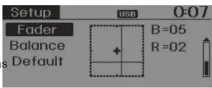 Setup USB 0:07 Fader Balance s Default + B=05 R=02