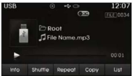 USB 12:07 FILE 0034 Root File Name.mp3 00:01 Info Shuffle Repeat Copy List