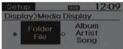 Setup USB 12:09 Display>Media Display Folder File Album Artist Song