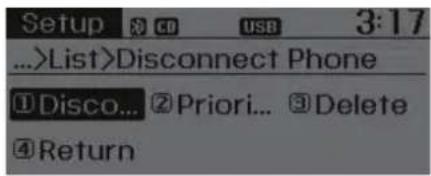 Setup 3:17 ...>List>Disconnect Phone ①Disco... ②Priori... ③Delete ④Return