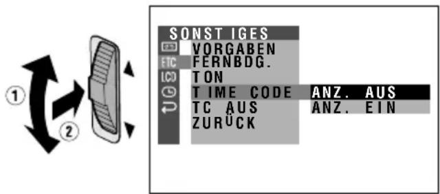 SONSTIGES VORGABEN FERNBDG. TON TIME CODE ANZ. AUS TC AUS ANZ. EIN ZURÜCK