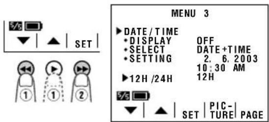 MENU 3 ►DATE/TIME •DISPLAY OFF •SELECT DATE+TIME •SETTING 2. 6. 2003 ►12H/24H 10:30 AM ►12H 5/5 SET | PIC-TURE PAGE
