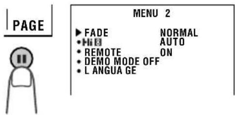 PAGE MENU 2 ▶ FADE NORMAL • Hi B AUTO • REMOTE ON • DEMO MODE OFF • LANGUAGE