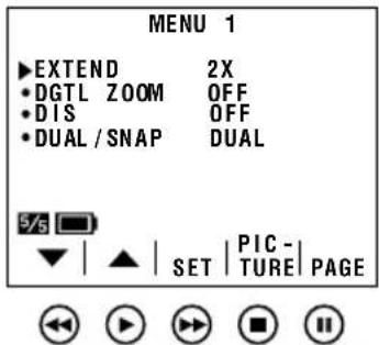 MENU 1 EXTEND 2X DGTL ZOOM OFF DIS OFF DUAL / SNAP DUAL 5/5 SET | PICTURE | PAGE