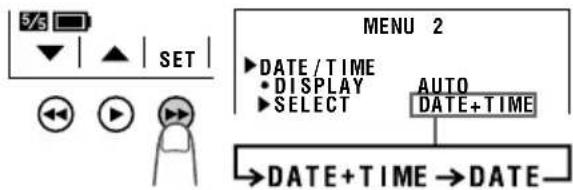 5/5 SET MENU 2 ►DATE/TIME •DISPLAY ►SELECT AUTO DATE+TIME →DATE+TIME→DATE-