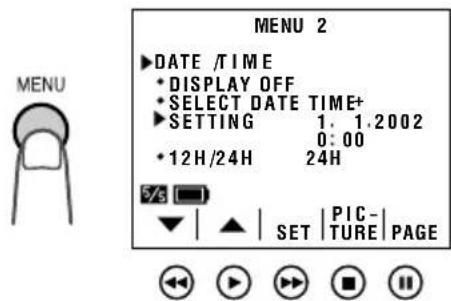 MENU 2 ▶ DATE /TIME • DISPLAY OFF • SELECT DATE TIME+ ▶ SETTING 1. 1.2002 0:00 • 12H/24H 24H 5/3 SET | PIC-TURE | PAGE