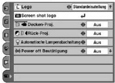 Logo Screen shot logo Decken-Proj. Rück-Proj. Automatische Lampenabschaltung Power off Bestätigung Standardinstellung Aus Aus Aus