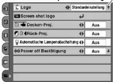 Logo Screen shot logo Decken-Proj. Rück-Proj. Automatische Lampenabschaltung Power off Bestätigung Aus Aus Aus