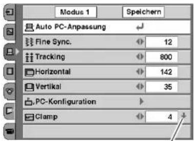 Modus 1 Speichern Auto PC-Anpassung Fine Sync. 12 Tracking 800 Horizontal 142 Vertical 35 PC-Konfiguration Clamp 4