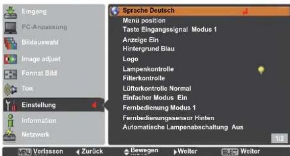 Eingang PC-Anpassung Bildauswahl Image adjust Format Bild Ton Einstellung Information Netzwerk Sprache Deutsch Menü position Taste Eingangssignal Modus 1 Anzeige Ein Hintergrund Blau Logo Lampenkontrolle Filterkontrolle Lüfterkontrolle Normal Einfacher Modus Ein Fernbedienung Modus 1 Fernbedienungssensor Hinten Automatische Lampenabschaltung Aus 1/2 Verfassen Zurück Bewegen Weiter Weiter