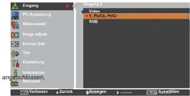 Eingang PC-Anpassung Bildauswahl Image adjust Format Bild Ton Einstellung Information Netzwerk Eingang 2 Video Y, Pb/Cb, Pr/Cr RGB Verlassen Zurück Bewegen Auswählen