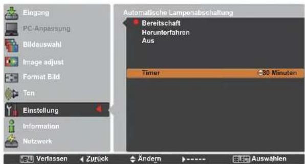 Eingang PC-Anpassung Bildauswahl Image adjust Format Bild Ton Einstellung Information Netzwerk Automatische Lampenabschaltung Bereitschaft Herunterfahren Aus Timer 30 Minuten Verlassen Zurück Ändern Auswählen