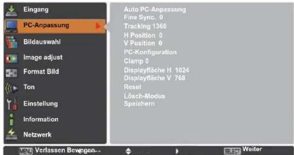 Eingang PC-Anpassung Bildauswahl Image adjust Format Bild Ton Einstellung Information Netzwerk Auto PC-Anpassung Fine Sync. 0 Tracking 1366 H Position 0 V Position 0 PC-Konfiguration Clamp 0 Displayfläche H 1024 Displayfläche V 768 Reset Lösch-Modus Speichern Verlassen Bewegen... Waiter