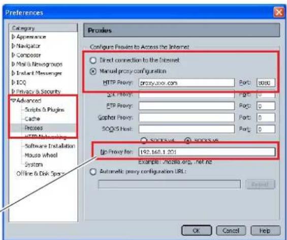 Preferences Category Appearance Navigator Composer Mail & Newgroups Instant Messenger ECQ Privacy & Security Advanced Scripts & Plugins Cache Processes FTP Privacy Software Installation Mouse Wheel System Offline & Disk Spas Proxies Configure Proxies to Access the Internet Direct connection to the Internet Manual proxy configuration HTTP Proxy: proxy.xxx.com Port: 8080 SQL Proxy: Port: 0 FTP Proxy: Port: 0 Gopher Proxy: Port: 0 SOCS Host: Port: 0 SOPRVR SOPRSVR Up Proxy for: 192.168.1.201 Example: https.org, net rig Automatic proxy configuration URL: OK Cancel Help