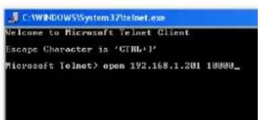 C:\WINDOWS\System37\telnet.exe Welcome to Microsoft Telnet Client Escape Character is 'CTRL+1' (Microsoft Telnet) open 192.168.1.201 10000_
