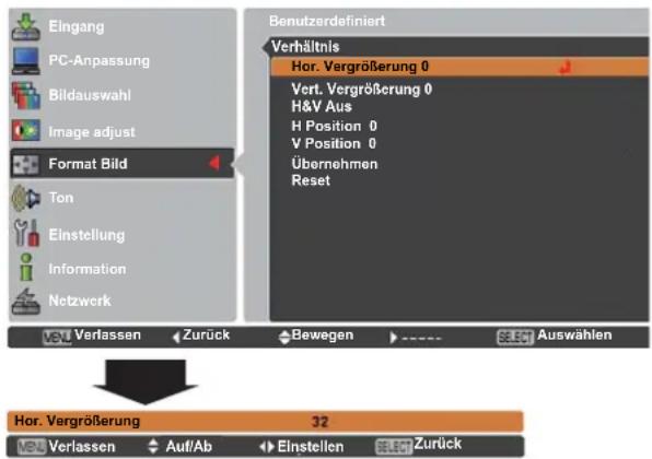 Eingang PC-Anpassung Bildauswahl Image adjust Format Bild Ton Einstellung Information Netzwerk Benutzerdefiniert Verhältnis Hor. Vergrößerung 0 Vert. Vergrößerung 0 H&V Aus H Position 0 V Position 0 Übernehmen Reset Verlassen Zurück Bewegen Auswählen Hor. Vergrößerung 32 Verlassen Auf/Ab Einstellen Zurück