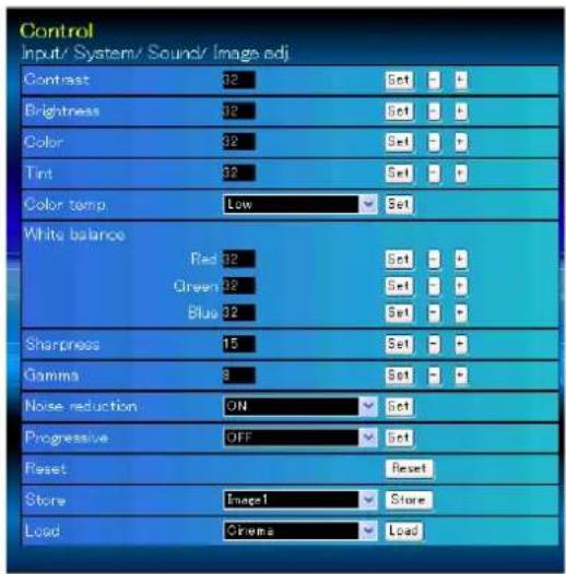 Control Input/ System/ Sound/ Image adj Contrast 92 Set - - Brightness 92 Set - - Color 92 Set - - Tint 92 Set - - Color temp Low Set White balance Red 92 Set - - Green 92 Set - - Blue 92 Set - - Sharpness 15 Set - - Gamma 8 Set - - Noise reduction ON Set Progressive OFF Set Reset Reset Store Image1 Store Load Omega Load