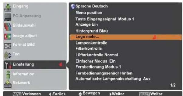 Eingang PC-Anpassung: Bildauswahl Image adjust Format Bild Ton Einstellung Information Netzwerk Sprache Deutsch Menü position Taste Eingangssignal Modus 1 Anzeige Ein Hintergrund Blau Logo mehr... Lampenkontrolle Filterkontrolle Lüfterkontrolle Normal Einfacher Modus Ein Fernbedienung Modus 1 Fernbedienungssensor Hinten Automatische Lampenabschaltung Aus 1/2 Verfassen Zurück Bewegen Weiter Select Weiter
