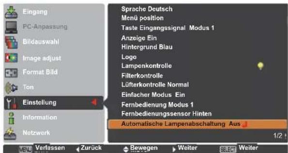 Eingang PC-Anpassung Bildauswahl Image adjust Format Bild Ton Einstellung Information Netzwerk Sprache Deutsch Menü position Taste Eingangssignal Modus 1 Anzeige Ein Hintergrund Blau Logo Lampenkontrolle Filterkontrolle Lüfterkontrolle Normal Einfacher Modus Ein Fernbedienung Modus 1 Fernbedienungssensor Hinten Automatische Lampenabschaltung Aus 1/2 VENU Verlassen Zurück Bewegen Weiter SELECT Weiter
