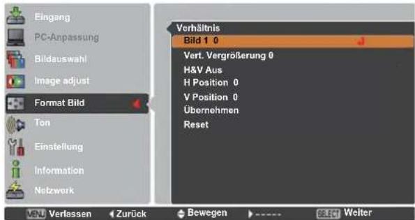 Eingang PC-Anpassung Bildauswahl Image adjust Format Bild Ton Einstellung Information Netzwerk VENU Verlassen Zurück Bewegen Welter Verhältnis Bild 1 0 Vert. Vergrößerung 0 H&V Aus H Position 0 V Position 0 Übernehmen Reset