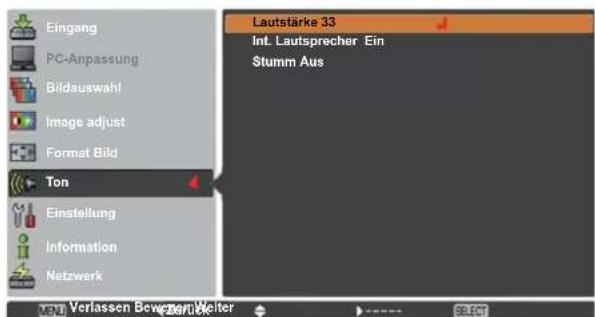Eingang PC-Anpassung Bildauswahl Image adjust Format Bild Ton Einstellung Information Netzwerk Lautstärke 33 Inl. Lautsprecher Ein Stumm Aus VENU Verlassen Bewerter Weiter SELECT